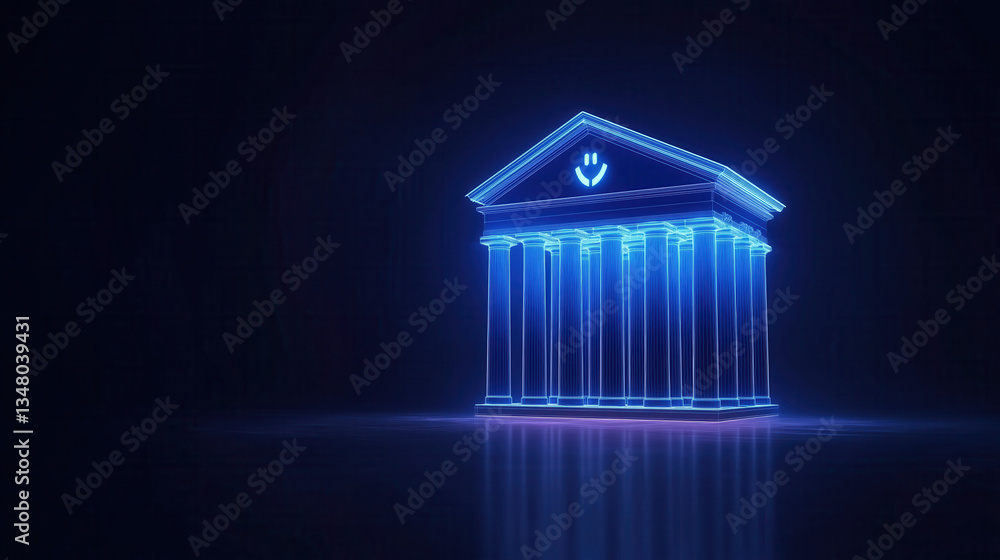 Poster a glowing, blue-lit structure resembling a classical building with columns, set against a dark backg
