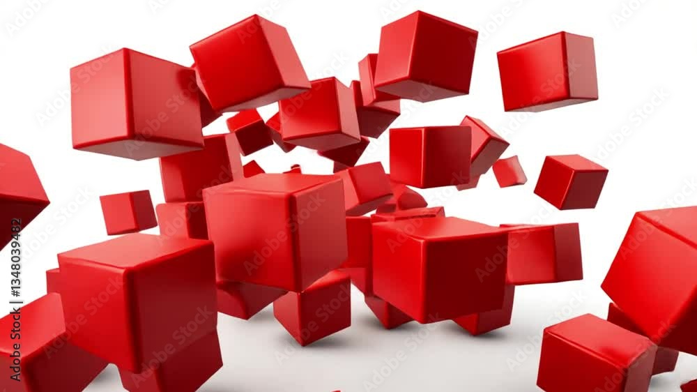 Poster abstract red cubes exploding in 3d space: a dynamic composition of geometric forms
