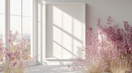 Fototapeta premium Empty picture frame surrounded by pink flowers and light