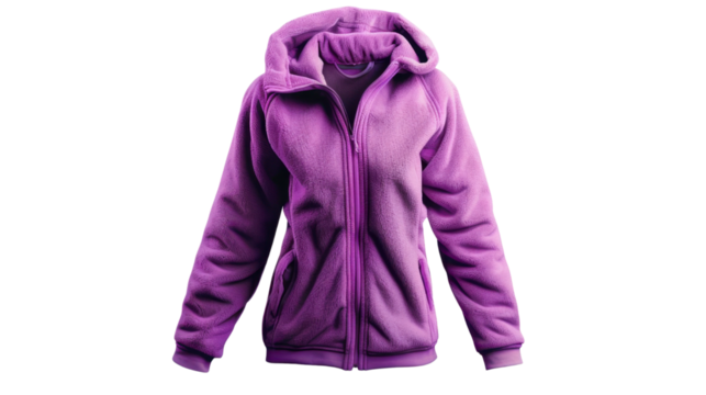 Purple fleece jacket with hood isolated on transparent background