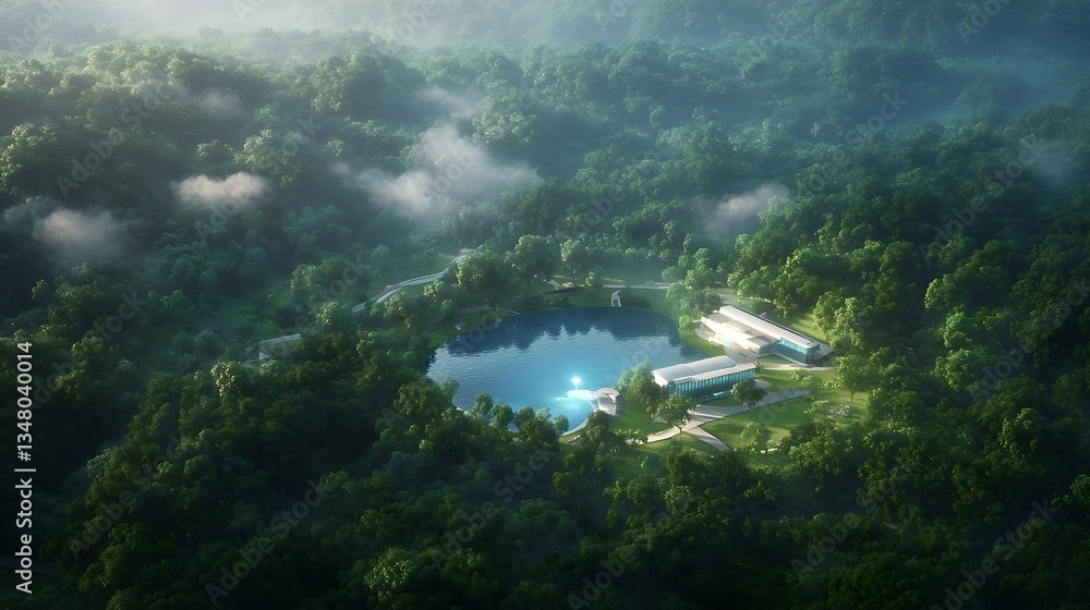 Poster serene aerial view of a lake surrounded by lush greenery and misty mountains.