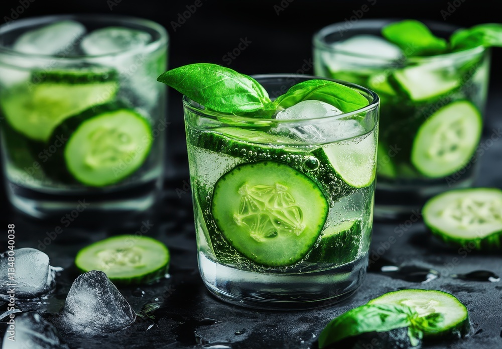 Poster refreshing cucumber and basil drink served in clear glasses with ice on a dark surface, perfect for 