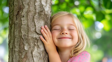 Happy little girl with blond hair embraces a tree trunk outdoors on a bright sunny day. She has her eyes closed and a peaceful expression.