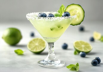 Refreshing cucumber and blueberry cocktail garnished with basil and lime, perfect for summer parties and outdoor gatherings, displayed against a soft background