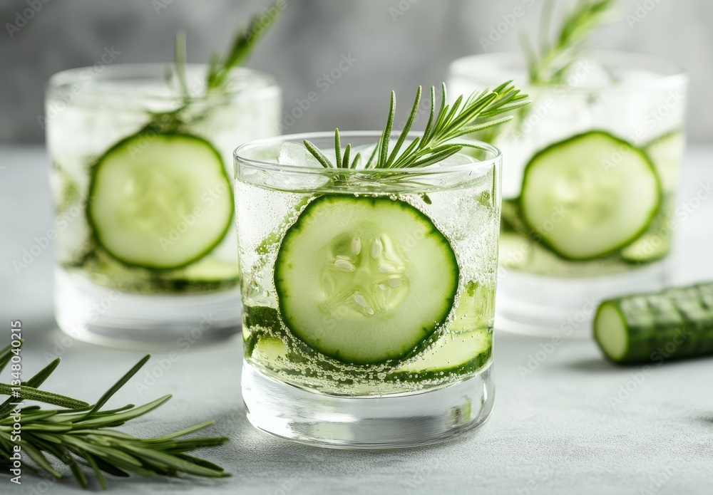 Poster refreshing cucumber and herb-infused drinks served in elegant glasses with cucumber slices and aroma