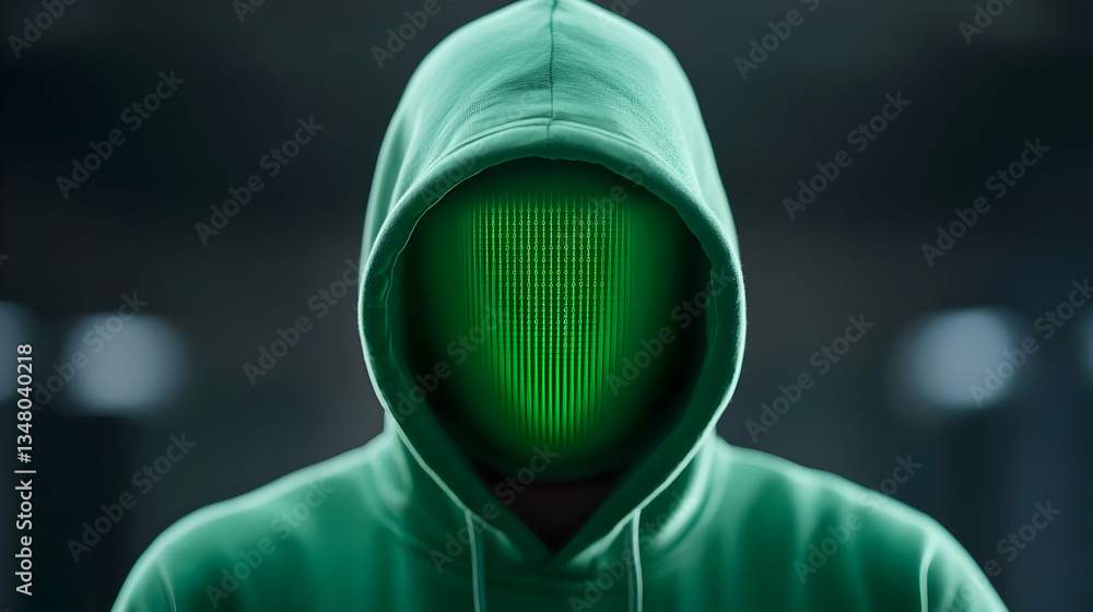 Poster mysterious hooded figure with glowing green binary code overlay