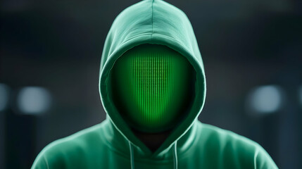Mysterious Hooded Figure with Glowing Green Binary Code Overlay