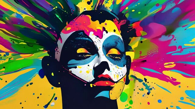Tracking around a stylized 3D portrait with splatter paint and feathers on vibrant yellow background