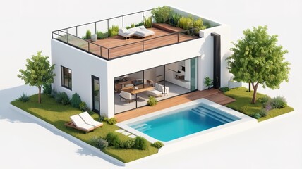 Fototapeta premium A small modern minimalist house isometric perspective,&nbsp;3D model miniature