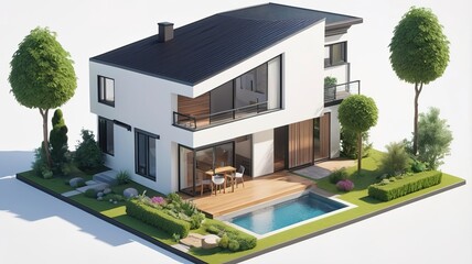 A small modern minimalist house isometric perspective,&nbsp;3D model miniature