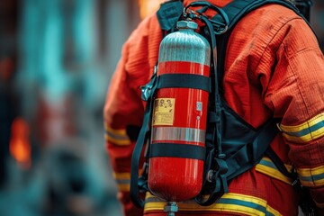 Obraz premium Firefighter Gear with Breathing Apparatus Ready for Emergency Response and Fire Safety Action