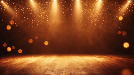 Empty stage with golden spotlights, performance background, use for presentations or events