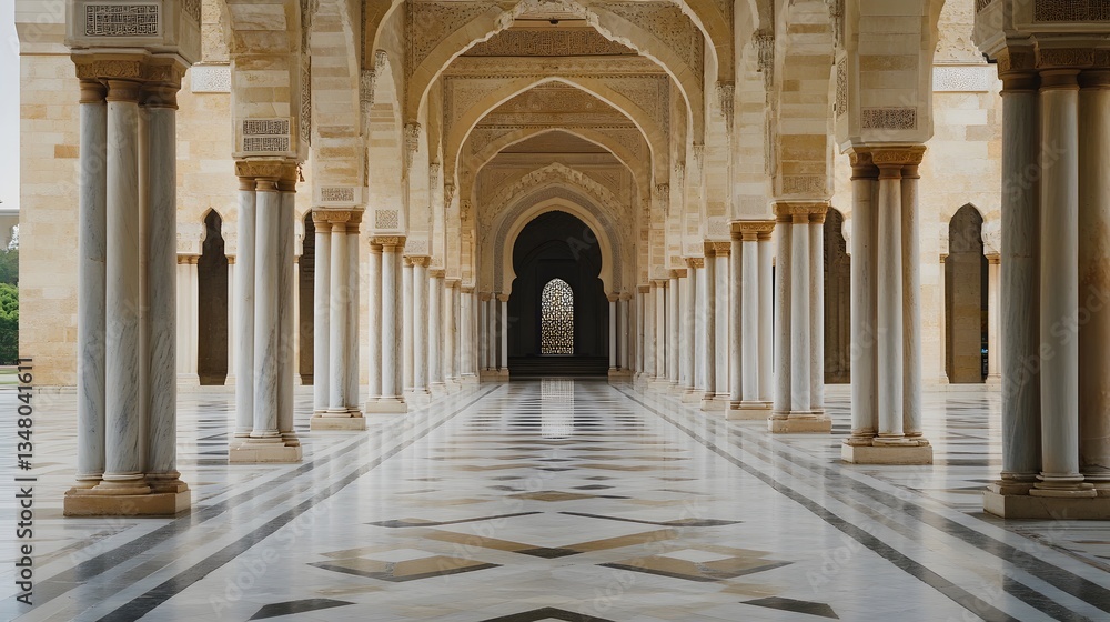 Poster magnificent marble columns line a grand hallway in a mosque, creating a serene and symmetrical persp