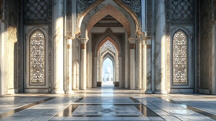 Fototapeta premium Sunlit interior of a grand mosque. Marble pillars, intricate arches, and ornate screens create a serene atmosphere. A glimpse of a white dome is visible through the arched hallway.