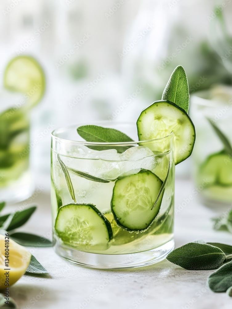 Aufkleber refreshing cucumber and sage cocktail with ice, garnished with thin cucumber slices and fresh sage l
