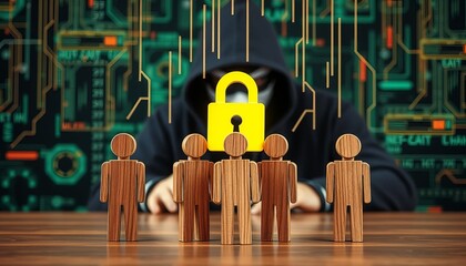 A faceless hacker looms over wooden figurines, embodying digital security threats.
