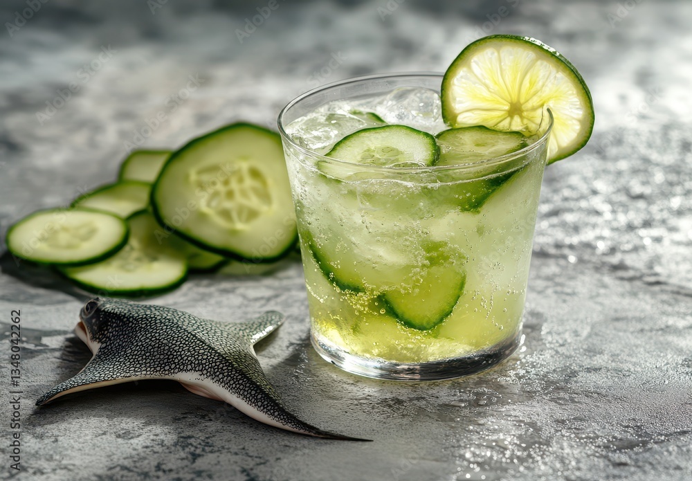 Poster refreshing cucumber beverage served in a glass with ice and lemon slice on a textured surface, garni