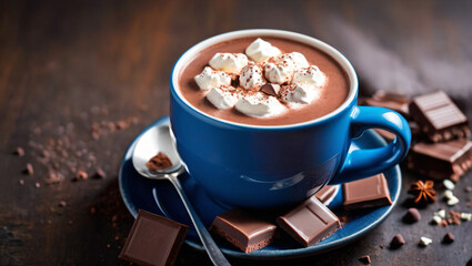 Cup of hot chocolate sprinkled with melting marshmallows. Close up view. Warm mug of hot chocolate coffee drink with cream and cocoa powder. Cafe wallpaper background. Sweet tasty ealthy comfort drink