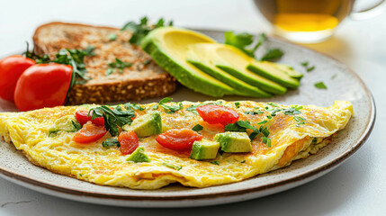 Fresh Vegetable Omelette with Avocado, Tomatoes, Toast, and Herbal Garnish on Plate