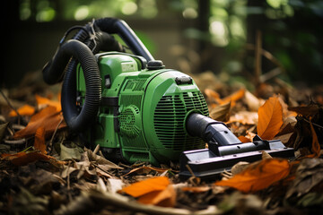 metamorphosis of a robust leaf blower, as it orchestrates a symphony of order amidst chaotic tapestry of fallen foliage, bestowing upon landscape a visual dichotomy