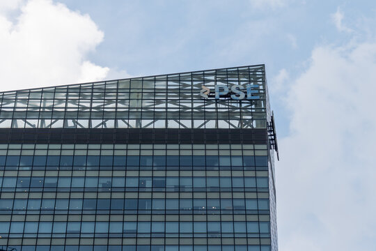 Manila, Philippines - February 13, 2025: PSE (Philippine Stock Exchange) headquarters in Philippine Stock Exchange Tower in Metro Manila, Philippines. 
