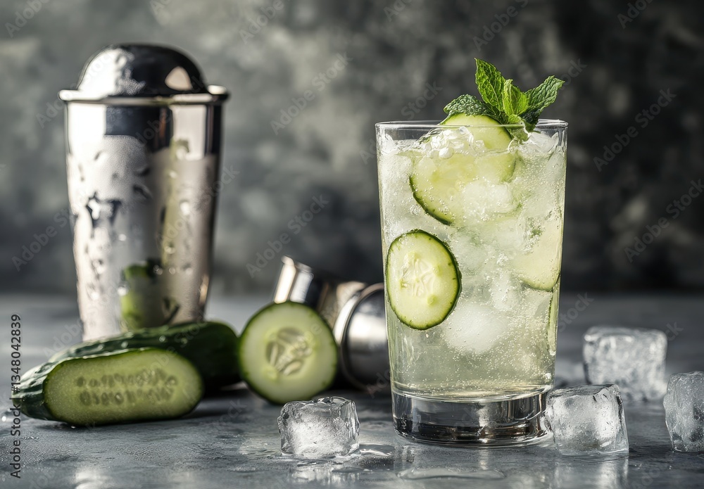 Poster refreshing cucumber cocktail with mint garnish and ice, accompanied by cocktail shaker and sliced cu