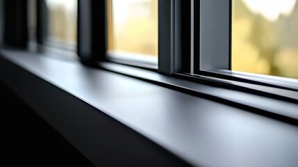 A close-up of a modern window frame with a sleek black design, reflecting soft sunlight, with a blurred view of yellow and green trees outside
