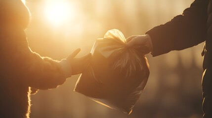 Silhouetted figures exchange a black garbage bag at sunset.  Golden light bathes the scene, emphasizing the act of giving or receiving.  Environmental theme.