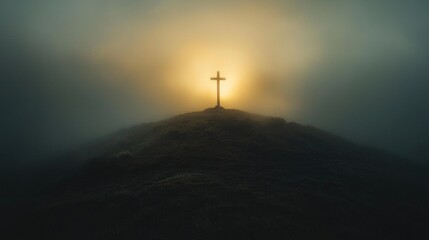 Obraz premium Photorealistic landscape of a single wooden cross silhouetted on a hilltop at dawn.