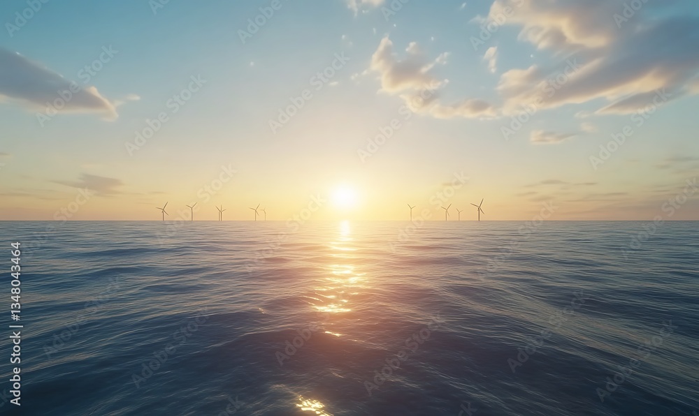 Poster sunset over ocean with wind turbines, creating a serene and sustainable landscape.