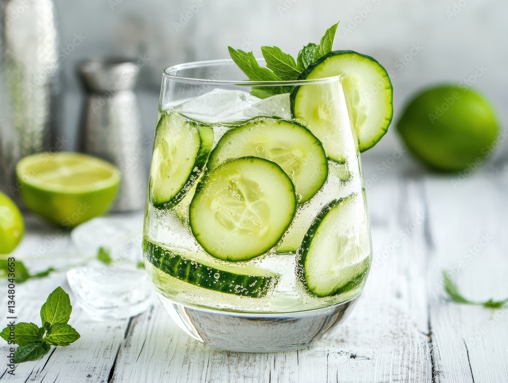 Poster refreshing cucumber drink with mint and lime on a wooden table surrounded by fresh ingredients in a 