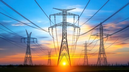 Fototapeta premium A row of tall electricity transmission towers silhouetted against a vibrant sunset with orange and blue skies, power lines stretching across, grassy landscape in the foreground
