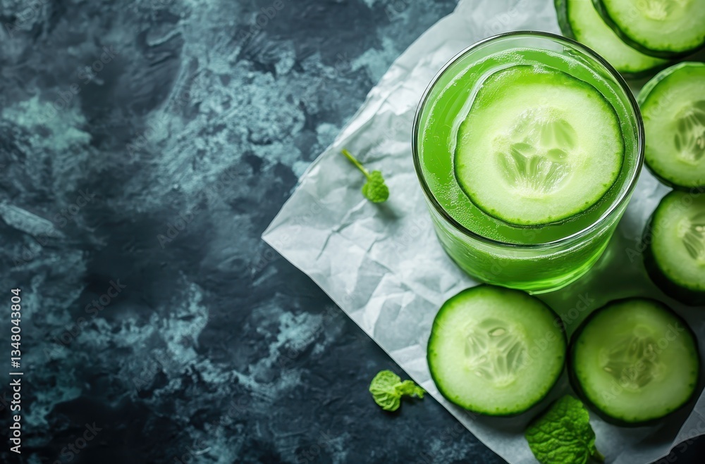 Poster refreshing cucumber drink with sliced cucumbers on a dark stone surface perfect for a healthy lifest