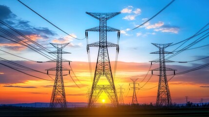 Fototapeta premium A row of tall electricity transmission towers silhouetted against a vibrant sunset with orange and blue skies, power lines stretching across, grassy landscape in the foreground