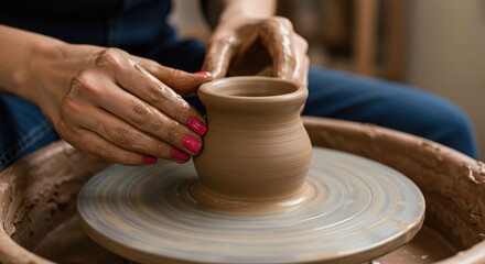 Close-up of Hands Shaping Clay Pot on Spinning Pottery Wheel for Artistic Crafting and Creative Expression in Ceramic Artistry.