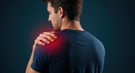 Man experiencing shoulder pain with red highlight on dark background