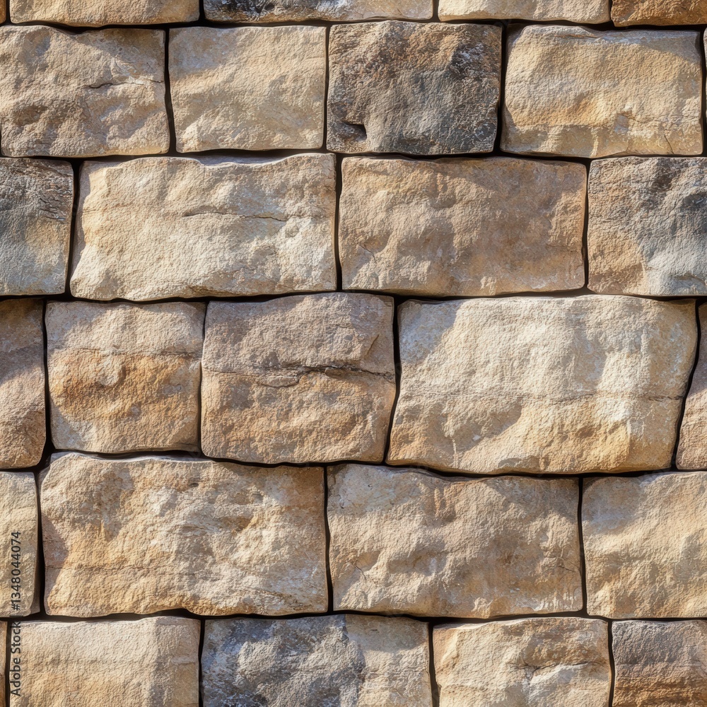 Poster close-up view of rustic wall made from light-brown and tan stones with varied textures and shades cr