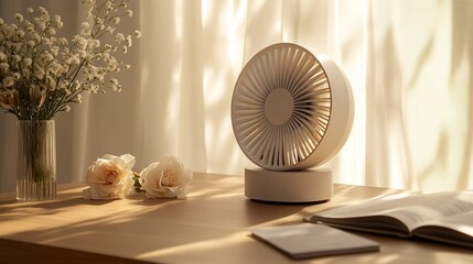 A minimalist indoor scene with a small white desk fan on a wooden table, surrounded by delicate white flowers and an open book, soft sunlight filtering through sheer curtains