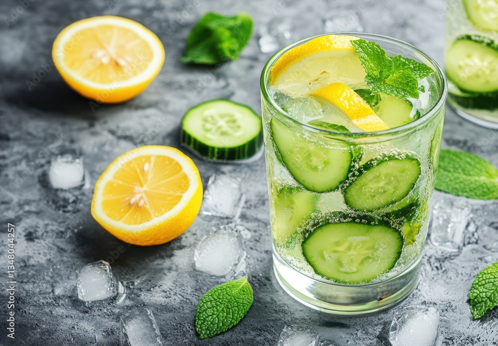 Aufkleber refreshing cucumber lemon drink with mint garnish and ice cubes on a textured gray background ideal 