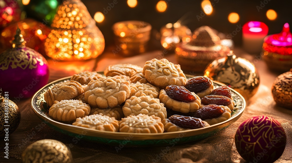 Poster a plate of delicious butter cookies and date cookies sits on a table surrounded by festive ornaments