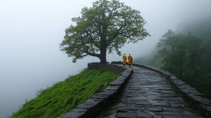 Serene Pathway Through Misty Landscape with Monks Walking Beside Majestic Tree