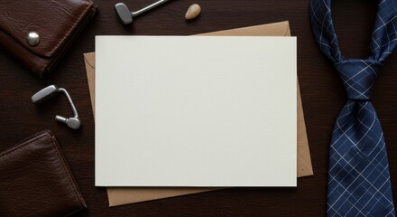 Elegant workspace with blank card, blue tie, and leather accents for stylish presentation