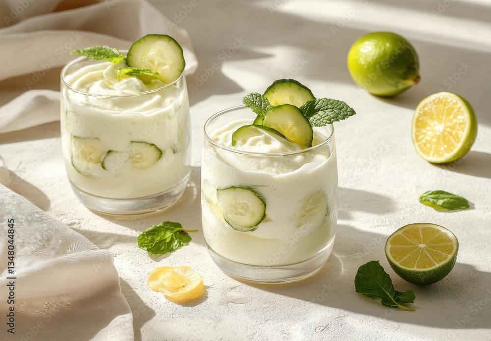 Poster refreshing cucumber lime smoothies with mint garnish in glasses on a light background with fresh ing