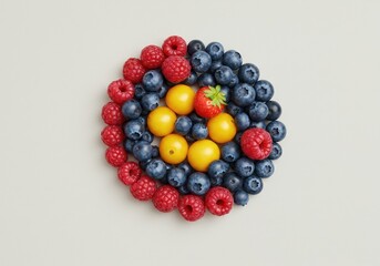 Vibrant and Fresh Berries with Golden Yellow Cherries in a Creative Circular Pattern, Perfect for Healthy Eating and Food Art Inspirations