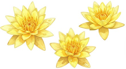 Vibrant yellow water lilies with dew drops on white background
