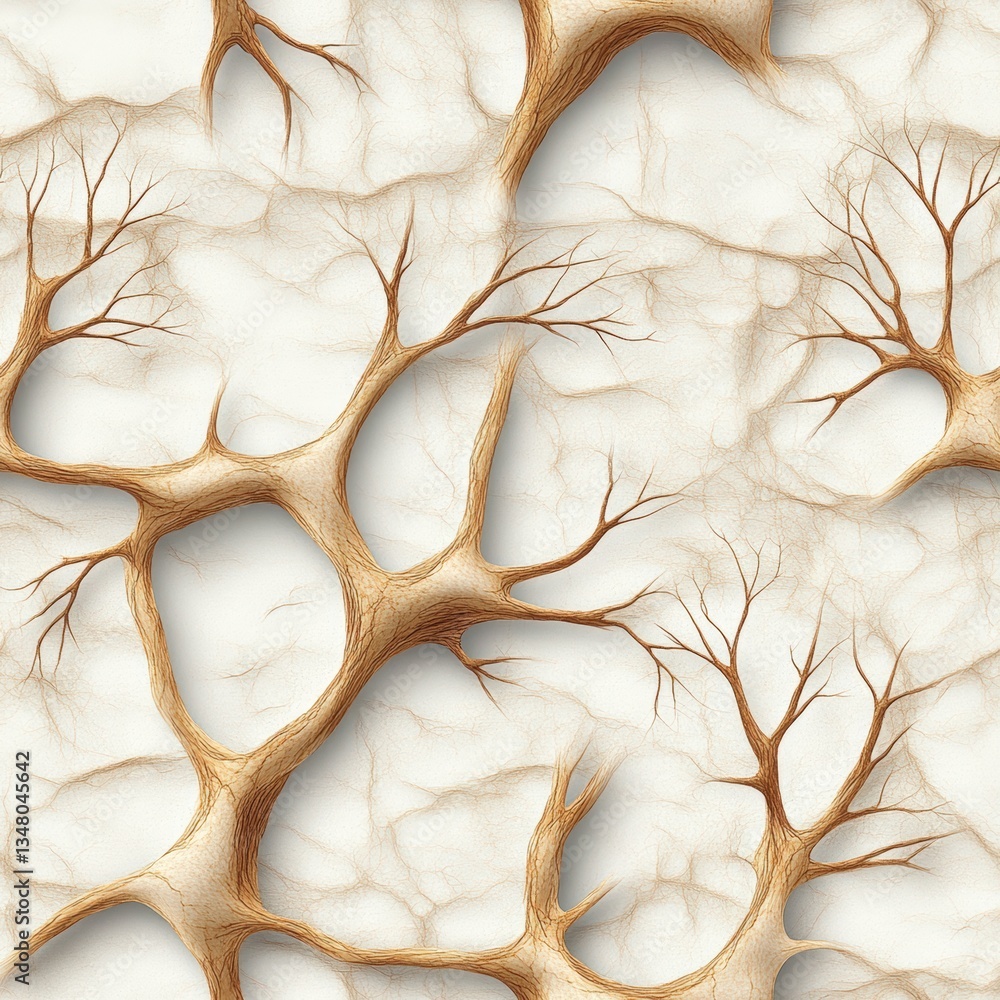Poster abstract seamless pattern with light brown three-dimensional branching trees on a textured off-white