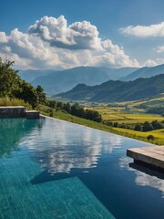 Infinity pool overlooking lush mountains and fields under a blue sky