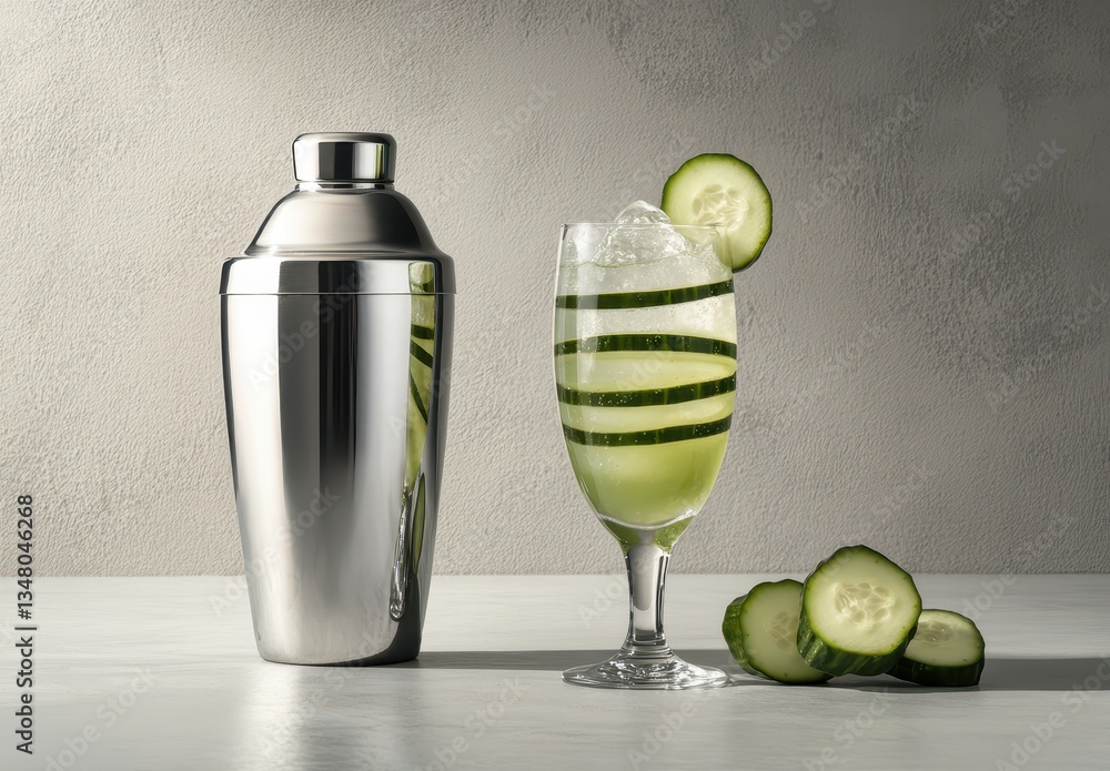 Poster refreshing cucumber mocktail with shaker and fresh slices on gray background for drink recipes and s