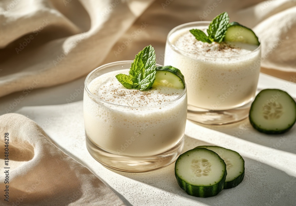 Aufkleber refreshing cucumber mint smoothies in clear glasses surrounded by sliced cucumbers and soft fabric, 