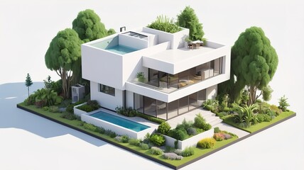 A small modern minimalist house isometric perspective, 3D model miniature